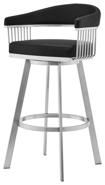 Modern Swivel Bar Stool, Brushed Metal Frame & Faux Leather Seat, Bar Height