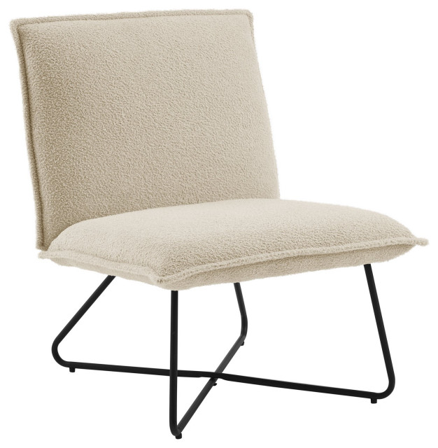Modern Accent Chair, Crossed Black Metal Base and Soft Boucle Fabric Seat, Beige
