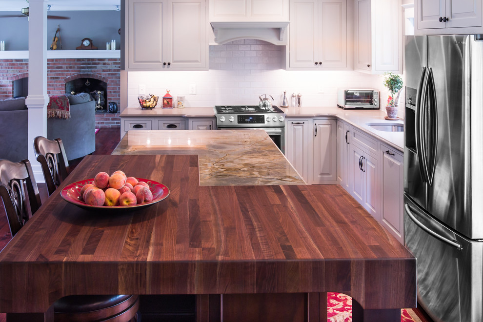 Rustic Walnut Butcher Block and White Perimeter Cabinetry ...
