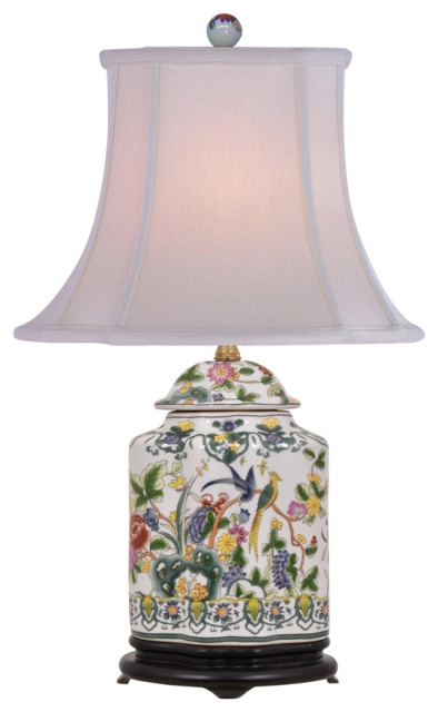 Chinese Porcelain Famille Bird Motif Scallop Ginger Jar Table Lamp 22"