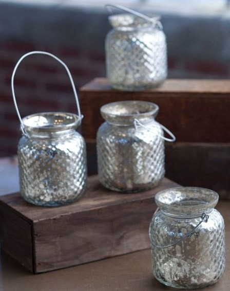 Hanging Hobnail Mercury Glass Votive Holder with Wire Hanger