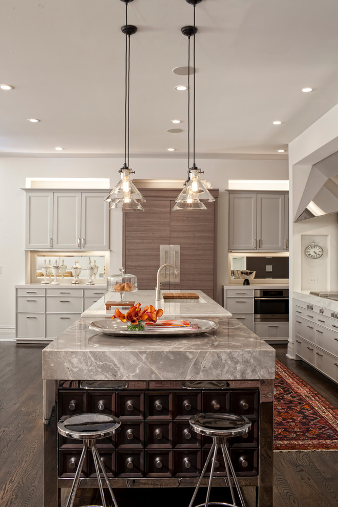 Transitional kitchen in Chicago with recessed-panel cabinets, panelled appliances and grey cabinets.