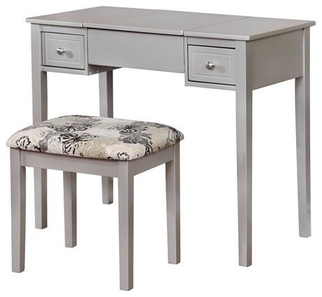 Linon Butterfly Wood Vanity And Stool In Silver Transitional