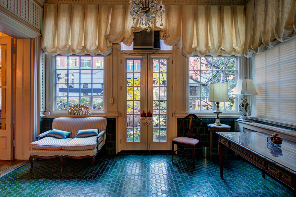 Example of a mid-sized 1960s ceramic tile sunroom design in DC Metro with a standard ceiling
