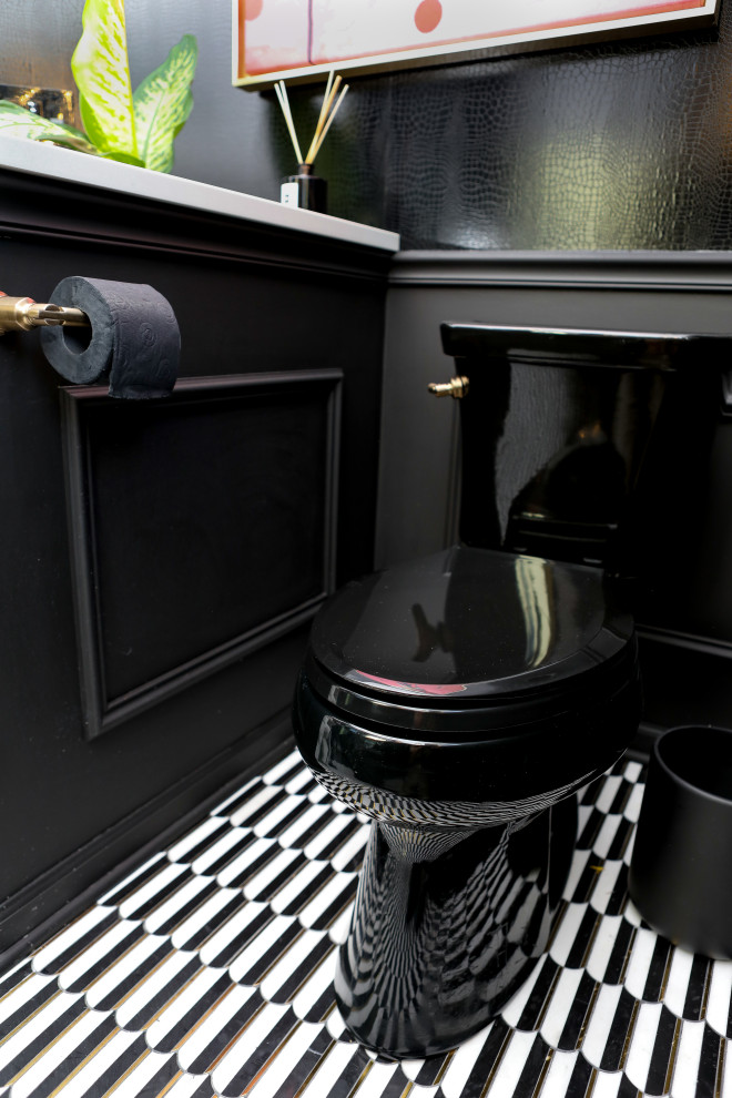 Inspiration for an eclectic cloakroom in Chicago with black cabinets, a two-piece toilet, black tiles, black walls, mosaic tile flooring, a submerged sink, multi-coloured floors, white worktops, a floating vanity unit and wallpapered walls.