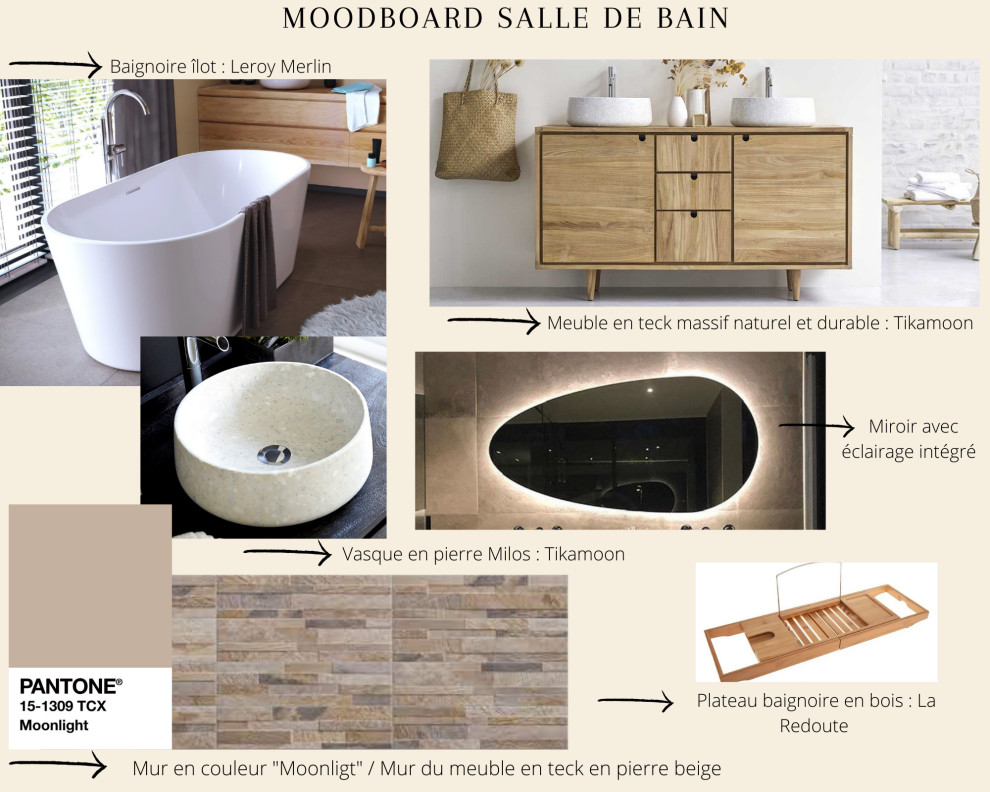 Inredning av ett minimalistiskt mellanstort badrum med dusch, med ett fristående badkar, kakelplattor, betonggolv, träbänkskiva och vitt golv