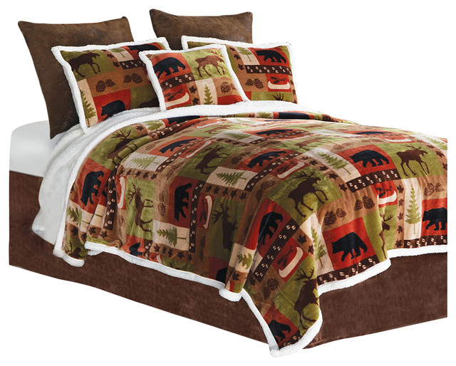 Carstens Patchwork Lodge Rustic Cabin 3Piece Sherpa Fleece Bedding Set Rustic Comforters