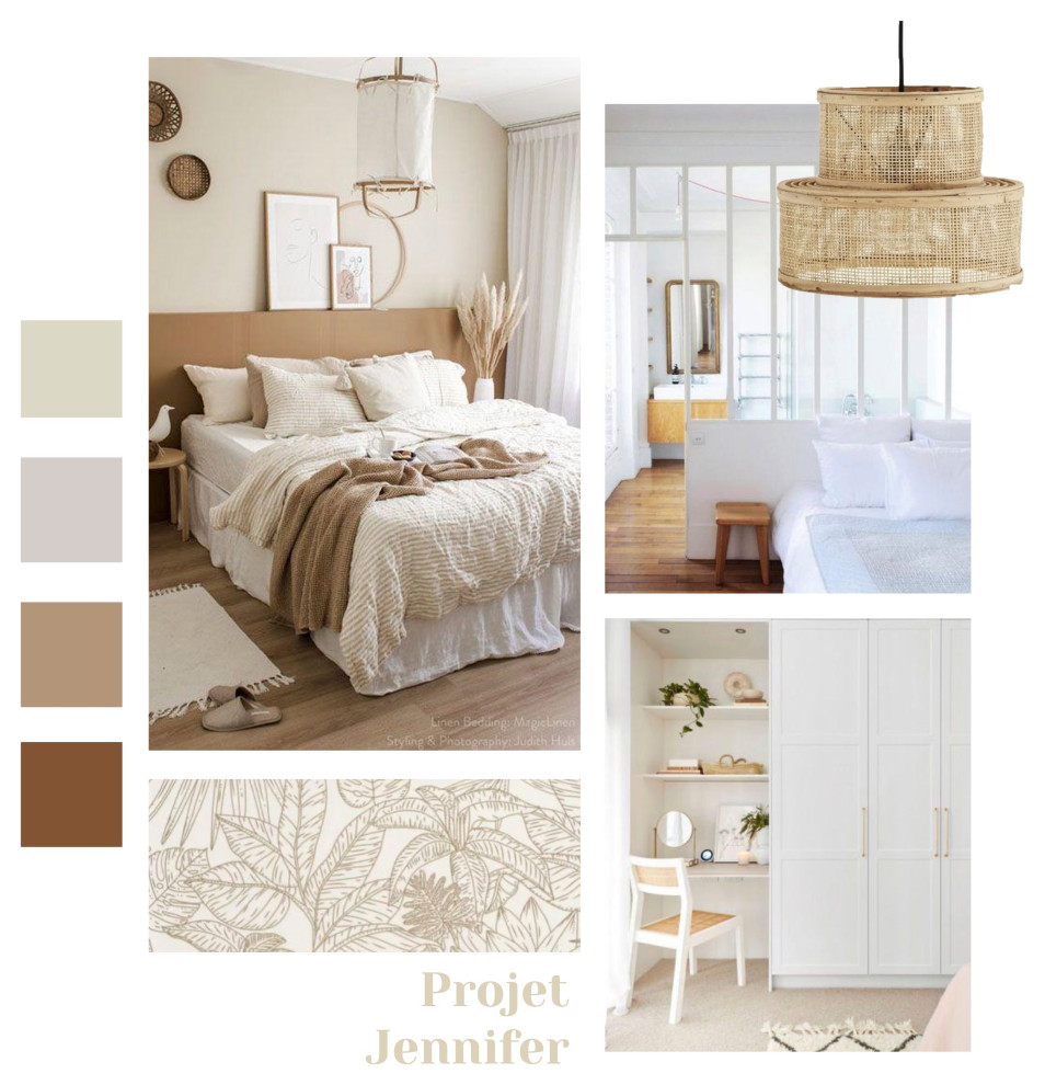 Cette photo montre une chambre parentale beige et blanche tendance de taille moyenne avec un mur beige, parquet clair, du papier peint et dressing.