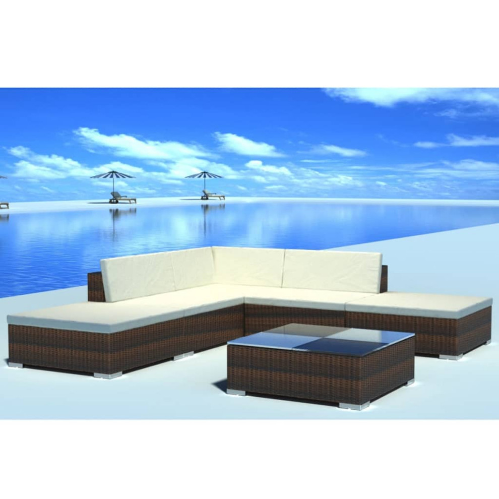 vidaXL Patio Furniture Set 6 Piece Sectional Sofa with Table Poly Rattan Brown
