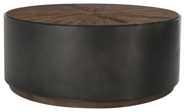 Benzara BM283509 Jenny 39" Wood Round Drum Coffee Table, Metal Panels ...
