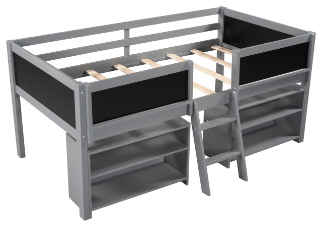 Gewnee Twin Size Low Loft Bed with Two Movable Shelves and Ladder in ...