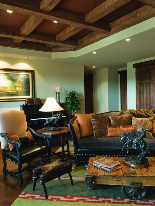 Design ideas for a country family room in Denver with a standard fireplace and a stone fireplace surround.