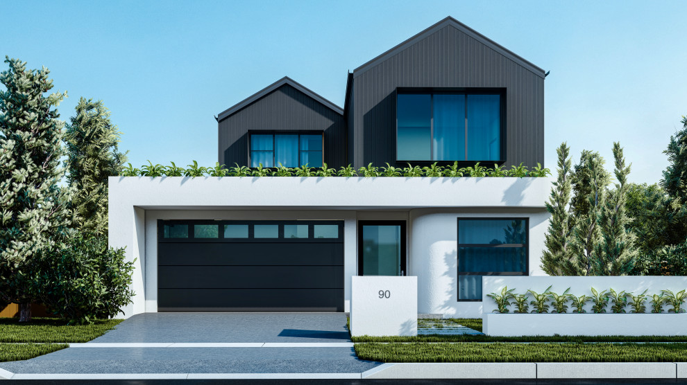 Photo of a medium sized and black contemporary two floor detached house in Brisbane with mixed cladding, a pitched roof, a mixed material roof and a black roof.