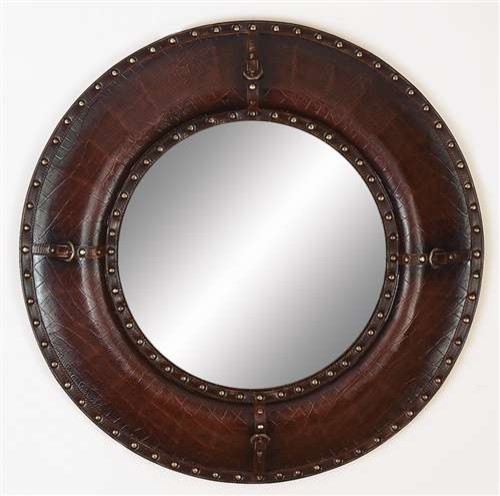 Leather Mirror with Leather Finish and Brass Metallic Rivets