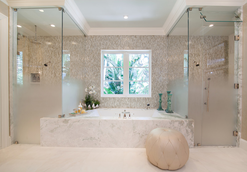 Alcove bathtub - huge transitional master white tile and stone slab marble floor alcove bathtub idea in Miami with marble countertops