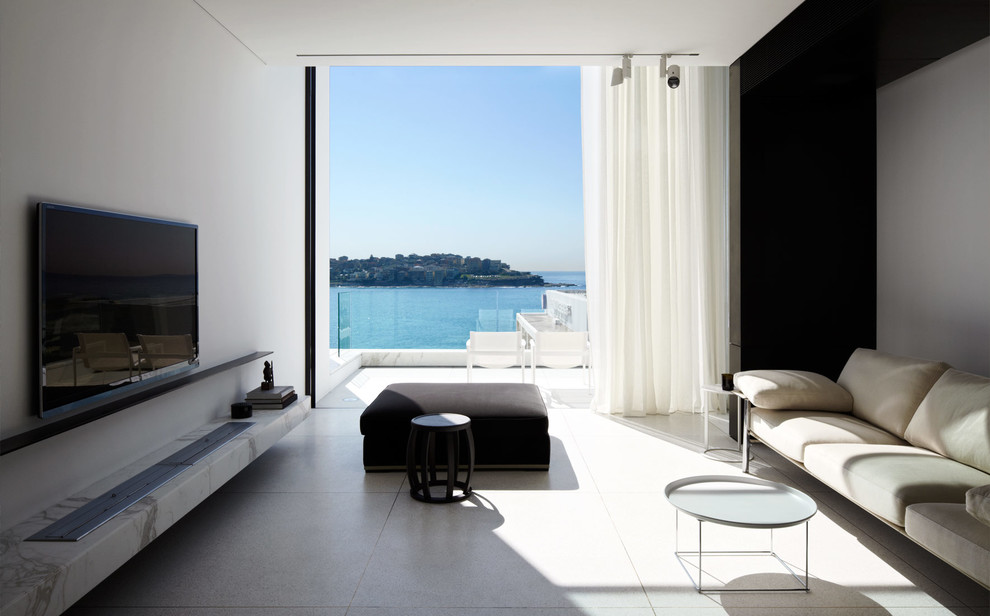 Inspiration for a large modern living room in Sydney with white walls and a wall-mounted tv.