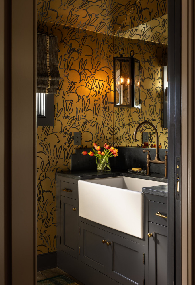 Country wallpaper ceiling and wallpaper powder room photo in Philadelphia with shaker cabinets, gray cabinets, multicolored walls, an undermount sink, gray countertops and a built-in vanity