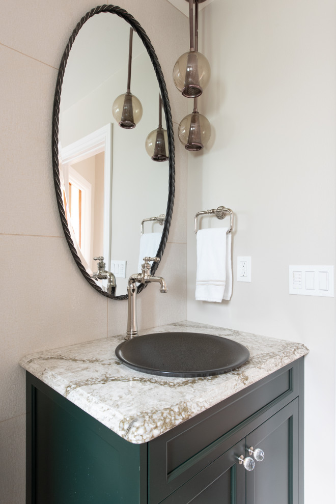 Small transitional 3/4 bathroom in Seattle with green cabinets, multi-coloured tile, glass tile, beige walls, a pedestal sink, marble benchtops, beige floor, a hinged shower door, brown benchtops, shaker cabinets, an alcove tub and an alcove shower.