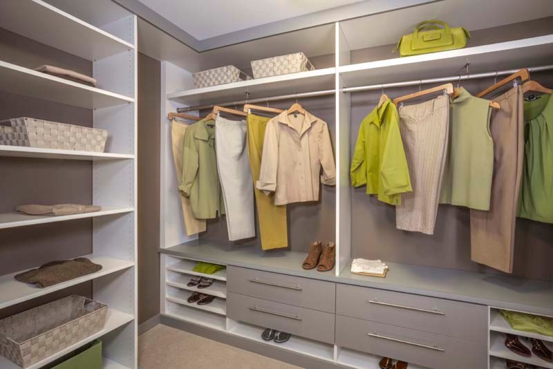 Design ideas for a small transitional gender-neutral walk-in wardrobe in Los Angeles with grey cabinets and flat-panel cabinets.