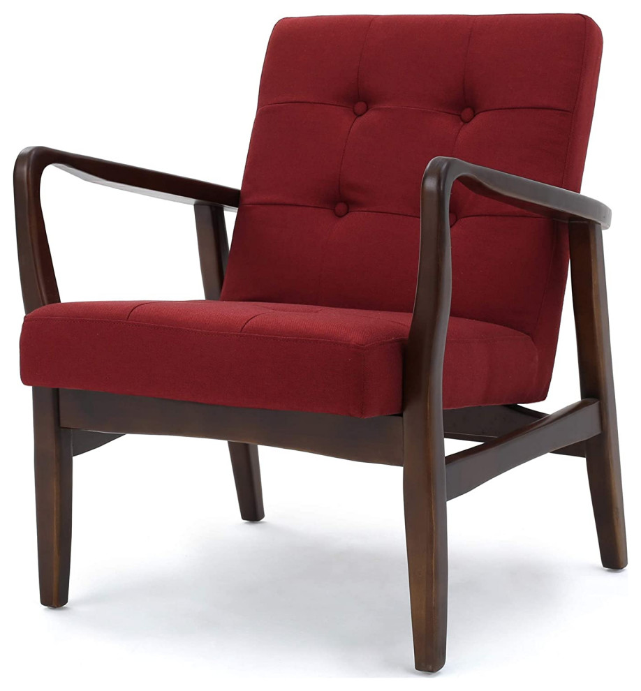 Mid Century Modern Accent Chair, Wood Frame and Button Tufted Back, Deep Red - Midcentury 