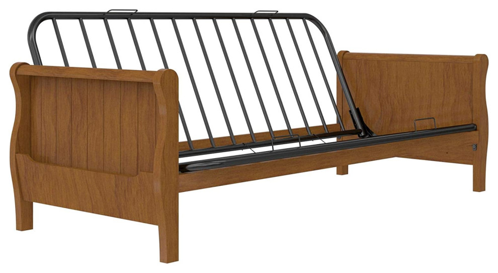 Mid Century Modern Full Futon Frame, Sturdy Metal Slats & Wooden Arms