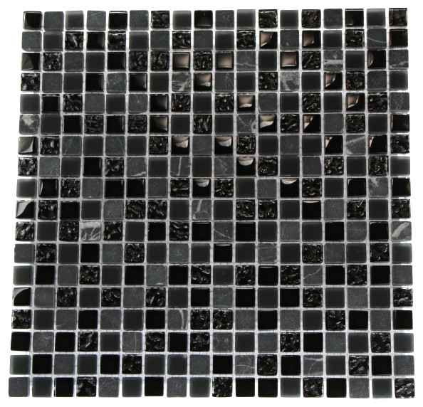 12"x12" Nightlight Black Blend Marble and Glass Tile, Single Sheet