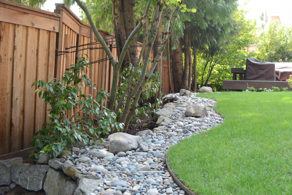 Cette image montre un petit jardin arrière traditionnel avec pierres et graviers, une exposition ombragée et une clôture en bois.