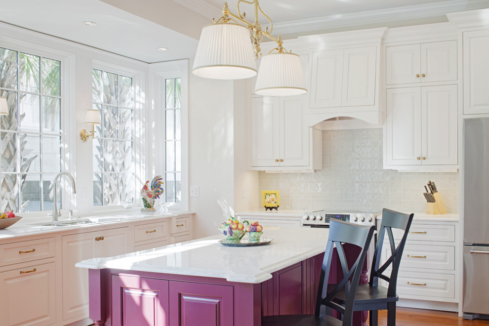 Design ideas for a mid-sized traditional l-shaped separate kitchen in Other with an undermount sink, raised-panel cabinets, purple cabinets, quartz benchtops, blue splashback, porcelain splashback, stainless steel appliances, medium hardwood floors, with island, brown floor and white benchtop.