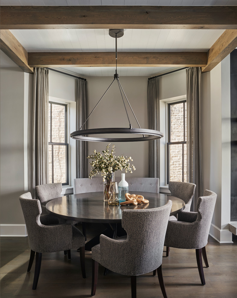 Inspiration for a large contemporary open plan dining in Chicago with grey walls, dark hardwood floors, brown floor and no fireplace.