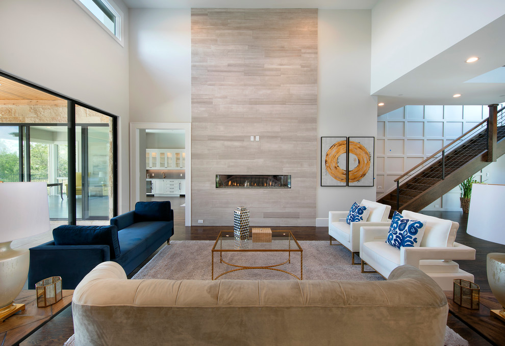 Contemporary formal open concept living room in Dallas with dark hardwood floors, a ribbon fireplace and grey walls.