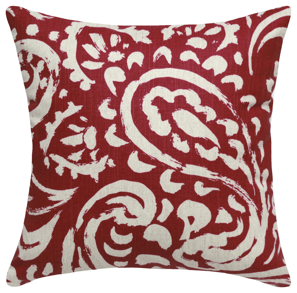 Paisley Printed Linen Pillow With Feather-Down Insert, Burgundy