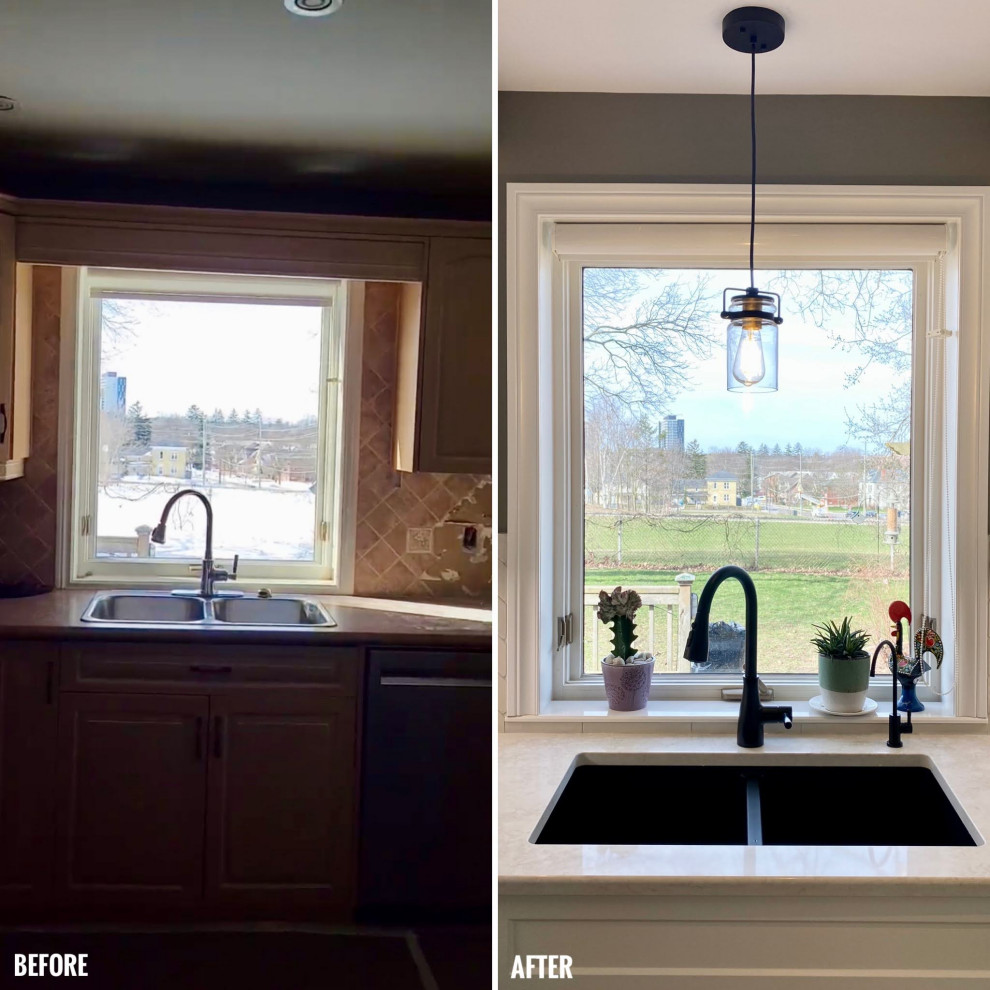Inspiration for a mid-sized transitional l-shaped enclosed kitchen remodel with a double-bowl sink, recessed-panel cabinets, white cabinets, gray backsplash, glass tile backsplash and no island