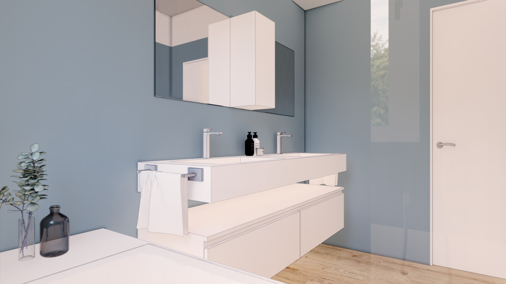 Свежая идея для дизайна: большая ванная комната в скандинавском стиле с фасадами разных видов, белыми фасадами, накладной ванной, душем над ванной, раздельным унитазом, синей плиткой, плиткой, синими стенами, полом из плитки под дерево, душевой кабиной, монолитной раковиной, столешницей из искусственного камня, коричневым полом, душем с распашными дверями, белой столешницей, тумбой под одну раковину, подвесной тумбой, многоуровневым потолком и любой отделкой стен - отличное фото интерьера