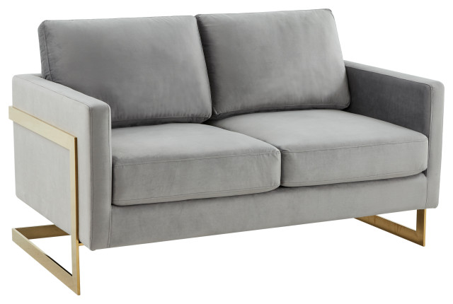 Modern Mid-Century Upholstered Velvet Loveseat, Gold Frame, Light Grey, LA55LGR