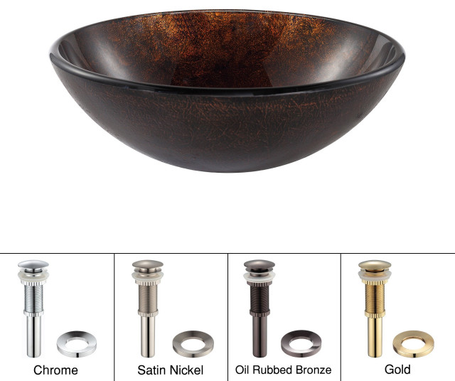 Pluto 16 1/2" Glass Vessel Bathroom Sink, PU Drain, Mounting Ring, Bronze