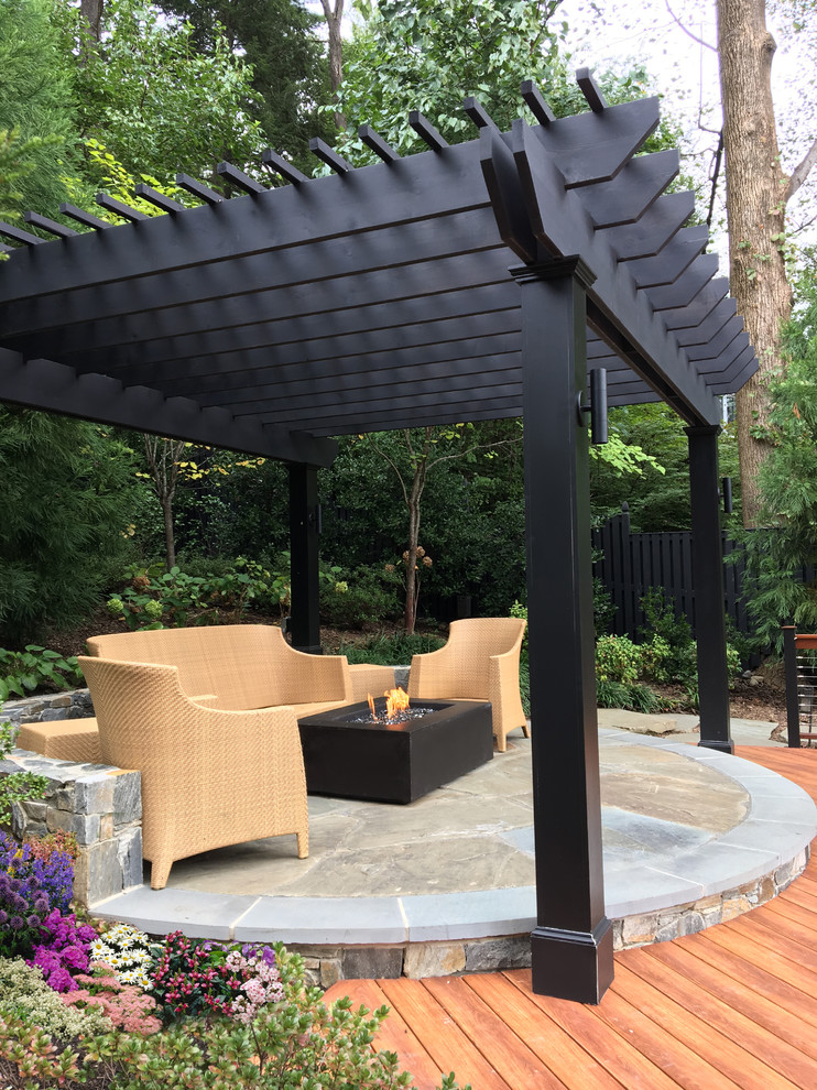 Inspiration for a mid-sized contemporary backyard patio in DC Metro with a fire feature, natural stone pavers and a pergola.