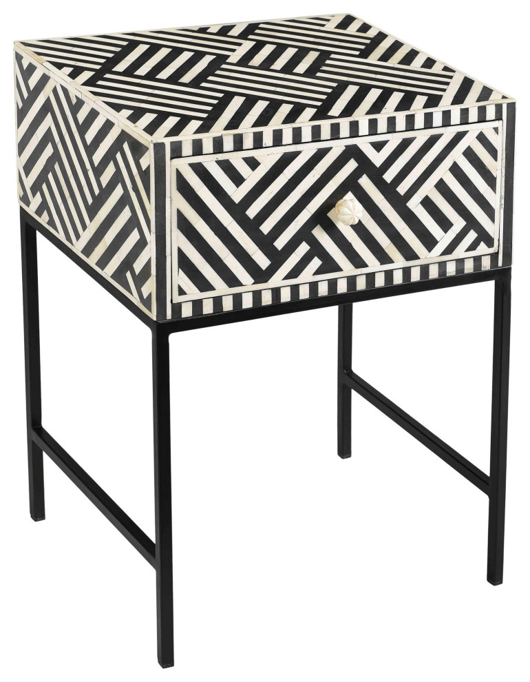 Noire Bone Inlay Side Table Black and White Contemporary Side