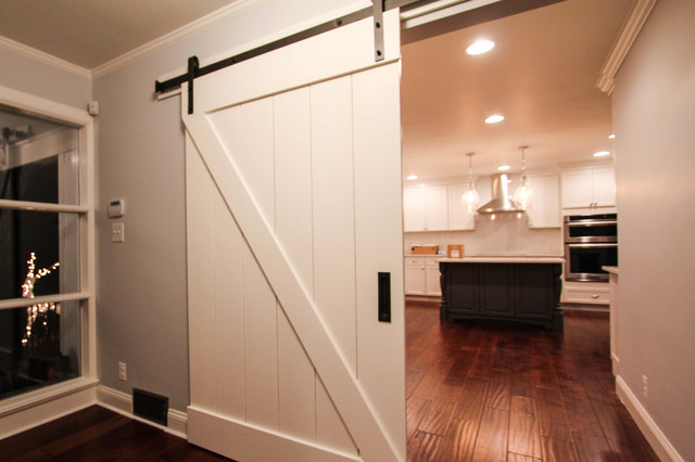 White Wooden Sliding Barn Door Entering Kitchen Country