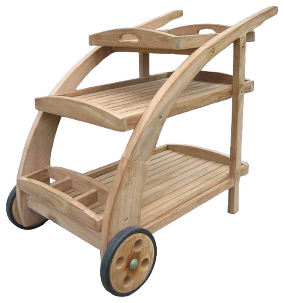 Outdoor Teak Trolley Serving Cart Transitional Outdoor Serving