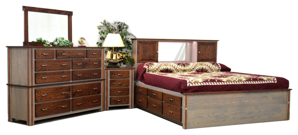 Gray oak bookcase bed with cherry inlays, large dresser
