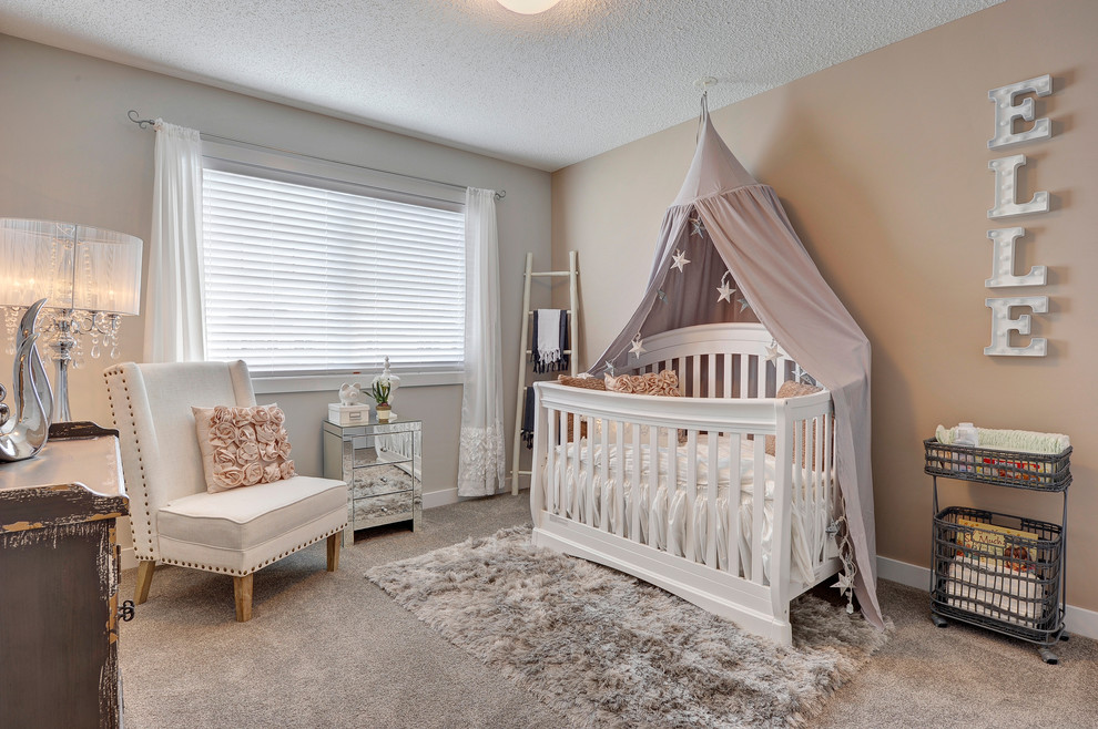 Small transitional girl carpeted and gray floor nursery photo in Edmonton with gray walls
