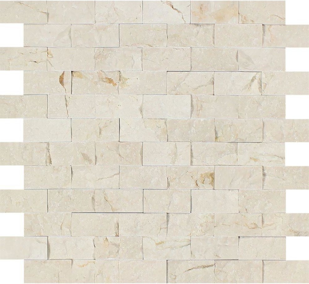 12"x12" Split-Faced Crema Marfil Mediterranean Marble Brick Mosaic, Set of 50
