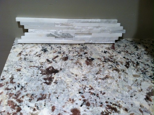 Is this backsplash too white? - Glass, porcelain, marble...just cannot decide. Here is a sample I brought  home but is it too white for my cabinetry and granite or would it work ?