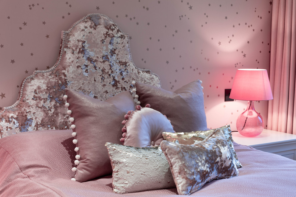 Inspiration for a large bedroom in Cheshire with pink walls and carpet.