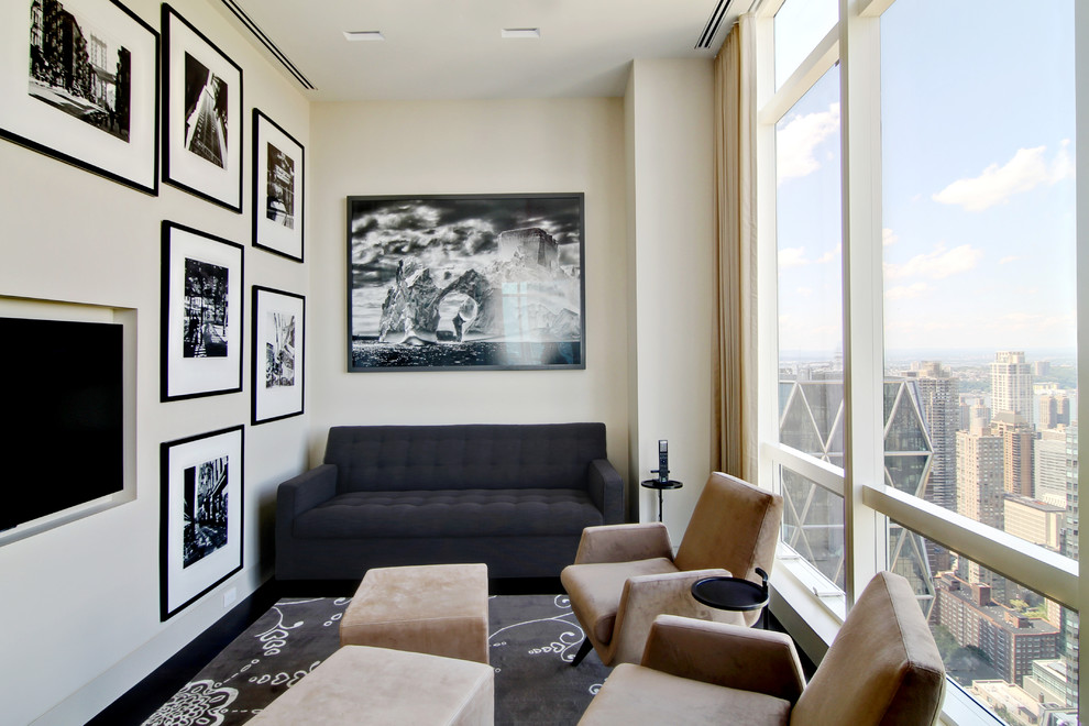Small minimalist enclosed dark wood floor and black floor living room library photo in New York with white walls, no fireplace, a wood fireplace surround and a media wall