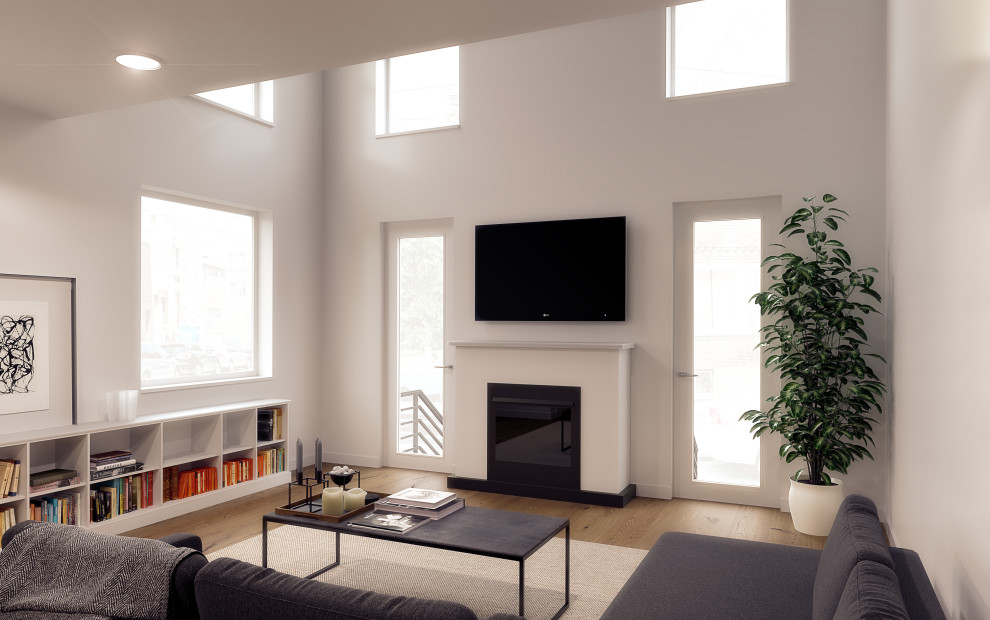Design ideas for a contemporary living room in Philadelphia with a standard fireplace.