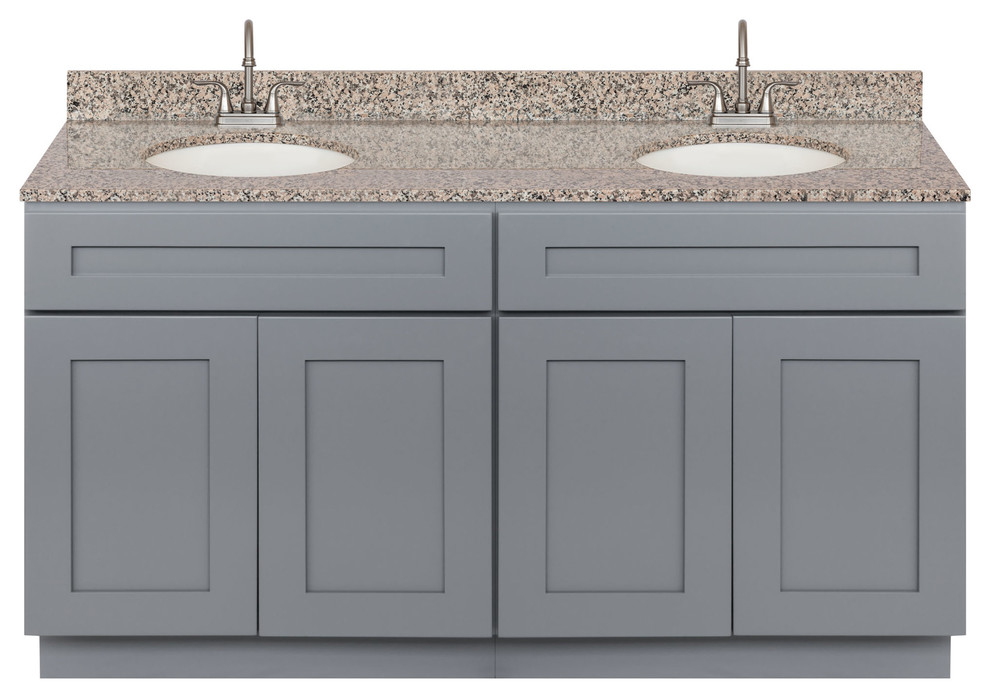 Double Bathroom Vanity 60", Burlywood Granite Top, Faucet LB6B, Colonial Gray