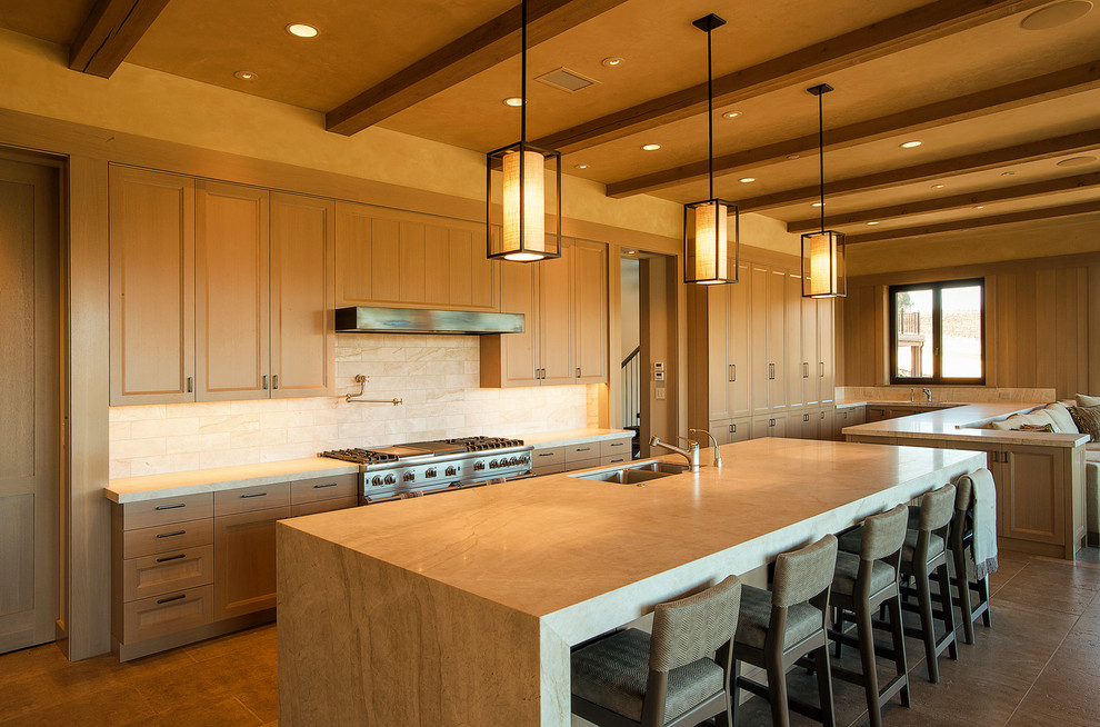 Design ideas for a contemporary kitchen in San Francisco with limestone benchtops.