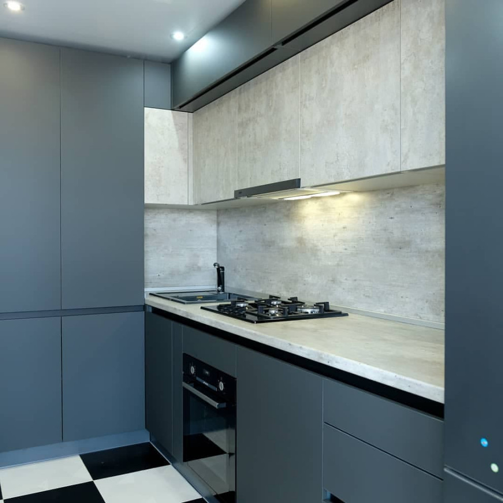 Угловая кухня под потолок с матовыми фасадами зеленого бутылочного цвета