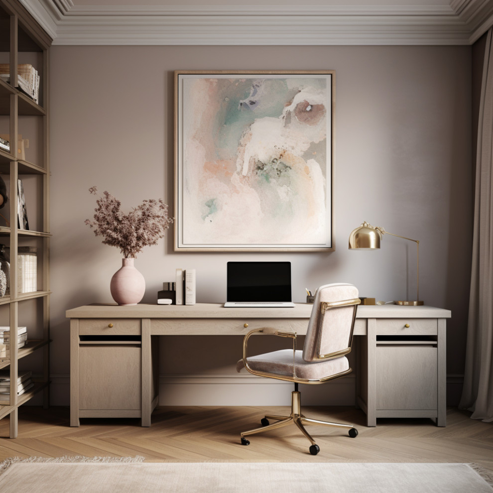 Foto de despacho contemporáneo pequeño con paredes rosas, suelo de madera en tonos medios, escritorio independiente y suelo beige